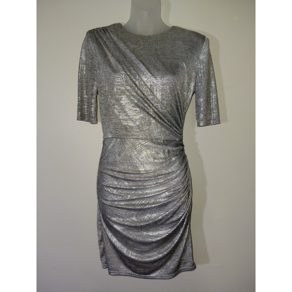 Alice + Olivia Delora Ruched Metallic Silver New Year's Eve Party Dress 8